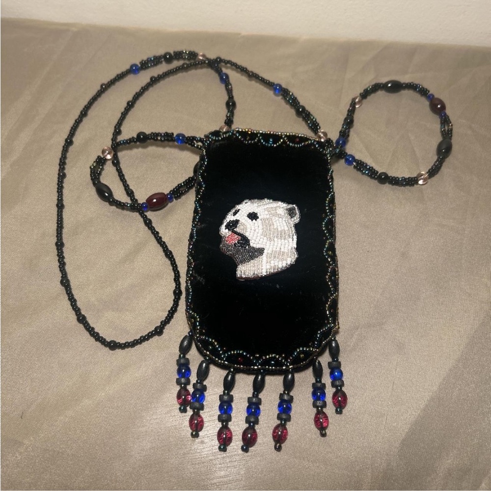 Handmade Small Beaded Velvet dog coin pouch with beaded strap
